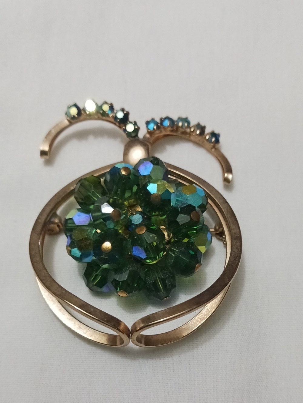 Vintage Midcentry Bug Brooch Green Crystal Beads and Rhinestones